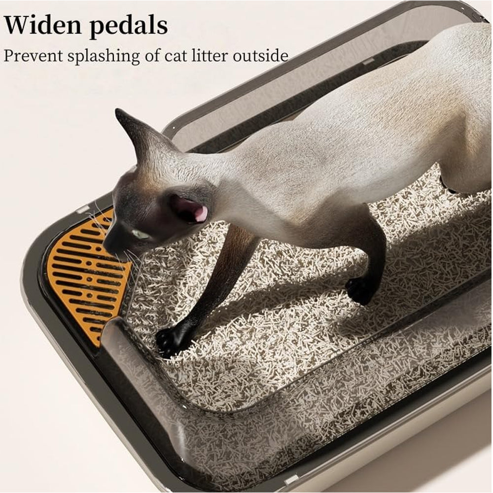 Semi-Enclosed Large Cat Litter Box with High Walls & Anti-Tracking Pedal Spacious Open Top Kitty Toilet Tray with Scoop for Multi-Cat Homes