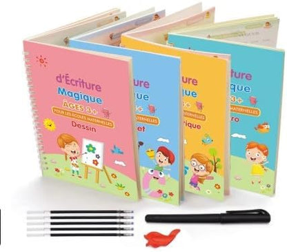 4pcs French Magic Practice Copybook Pen Preschools Kids Calligraphy Notebook Children Reusable Learning Book, Learning Games, Numbers, Alphabet and Calculating