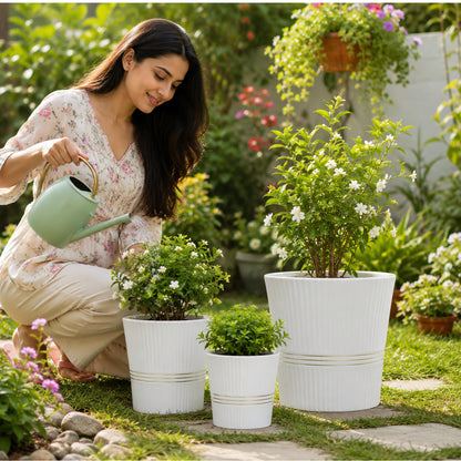 3-Piece Ceramic Plant Pot Set with Ribbed Design Decorative Indoor & Outdoor Flower Pots for Home, Balcony, Patio, Garden & Office White