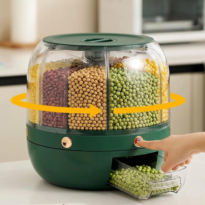 360° Rotating Multi-Compartment Storage Organizer with One-Touch Dispensing System, Transparent Visibility Design, Space-Saving Countertop Storage Container Green