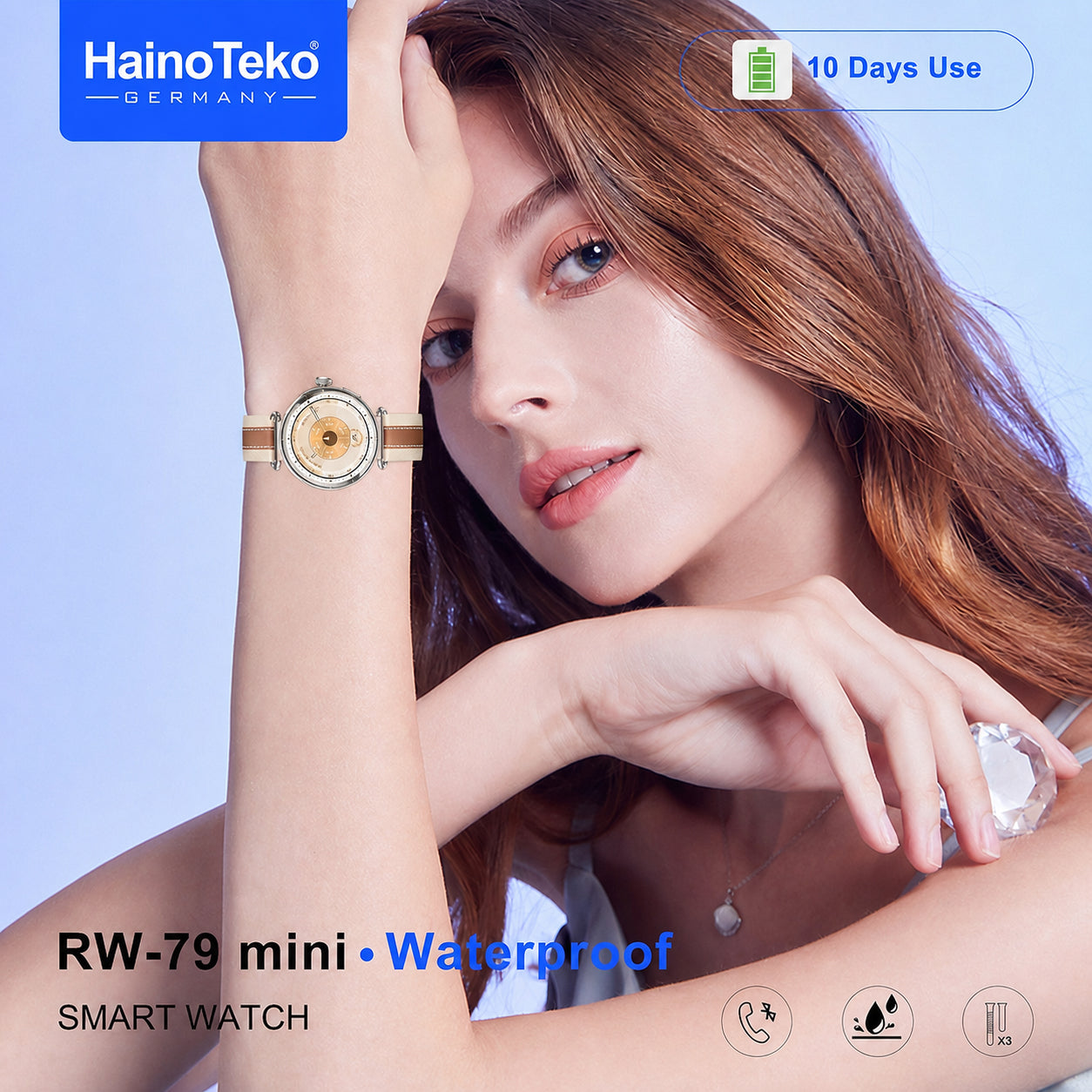 HainoTeko RW-79 Mini Waterproof Smart Watch with AMOLED Display Bluetooth Call 3 Interchangeable Straps and Charging Cable Designed for Ladies