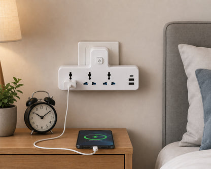 GKK Guokang 706 Universal Power Socket Adapter with 3 AC Outlets, 2 USB Ports & 1 Type-C Fast Charging Port, Individual Power Switch, Flame-Retardant Multi Plug Extension Adapter White