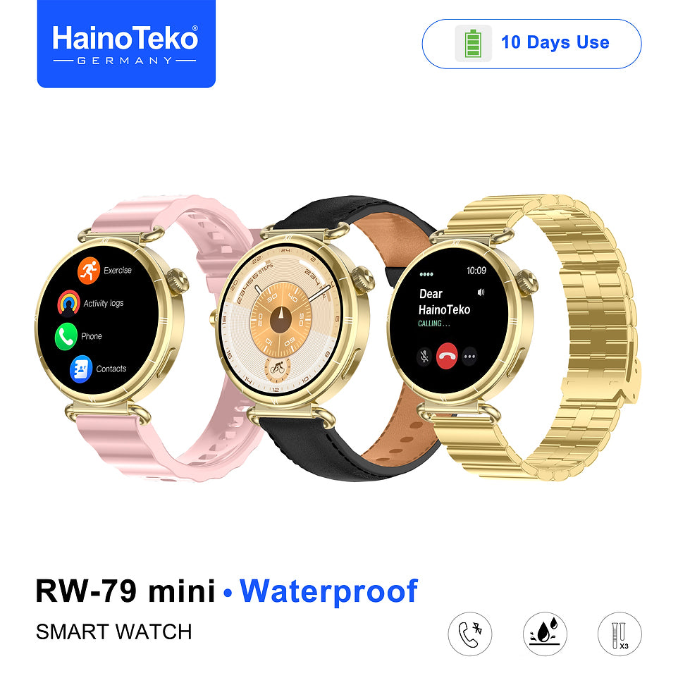 HainoTeko RW-79 Mini Waterproof Smart Watch with AMOLED Display Bluetooth Call 3 Interchangeable Straps and Charging Cable Designed for Ladies