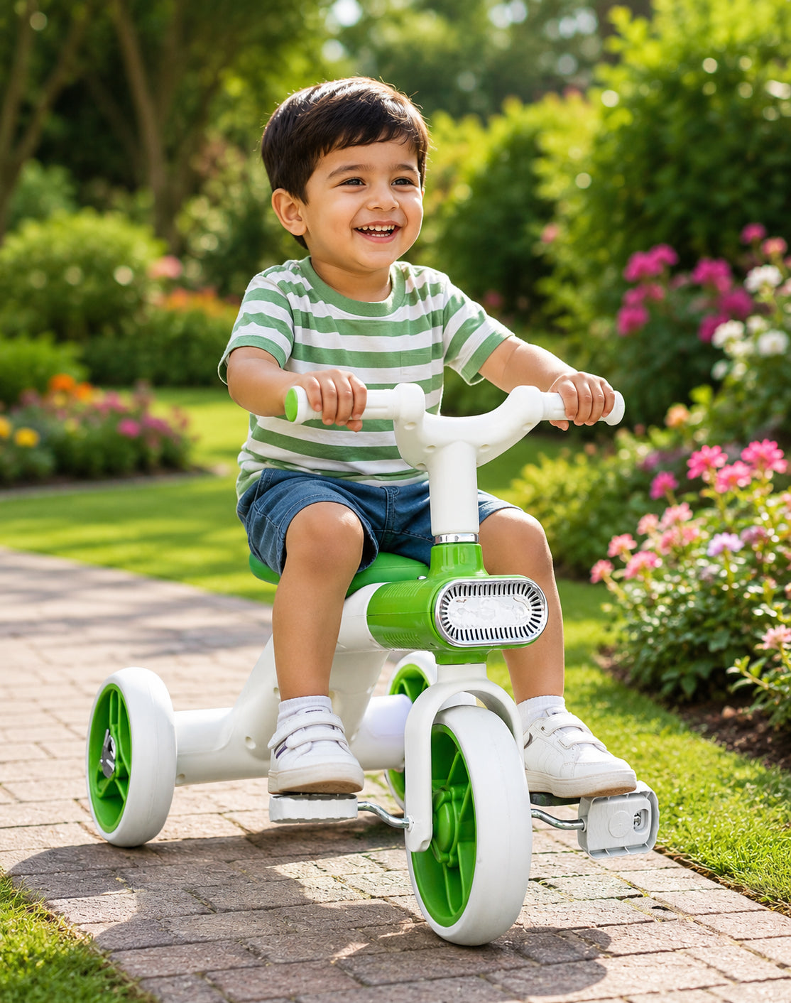 Kids Tricycle Pedal-Powered Ride-On Trike with Built-in Light & Music Headlight EVA Silent Wheels, Anti-Slip Pedals, Comfortable Seat, Durable Frame Indoor & Outdoor First Bicycle for Boys and Girls