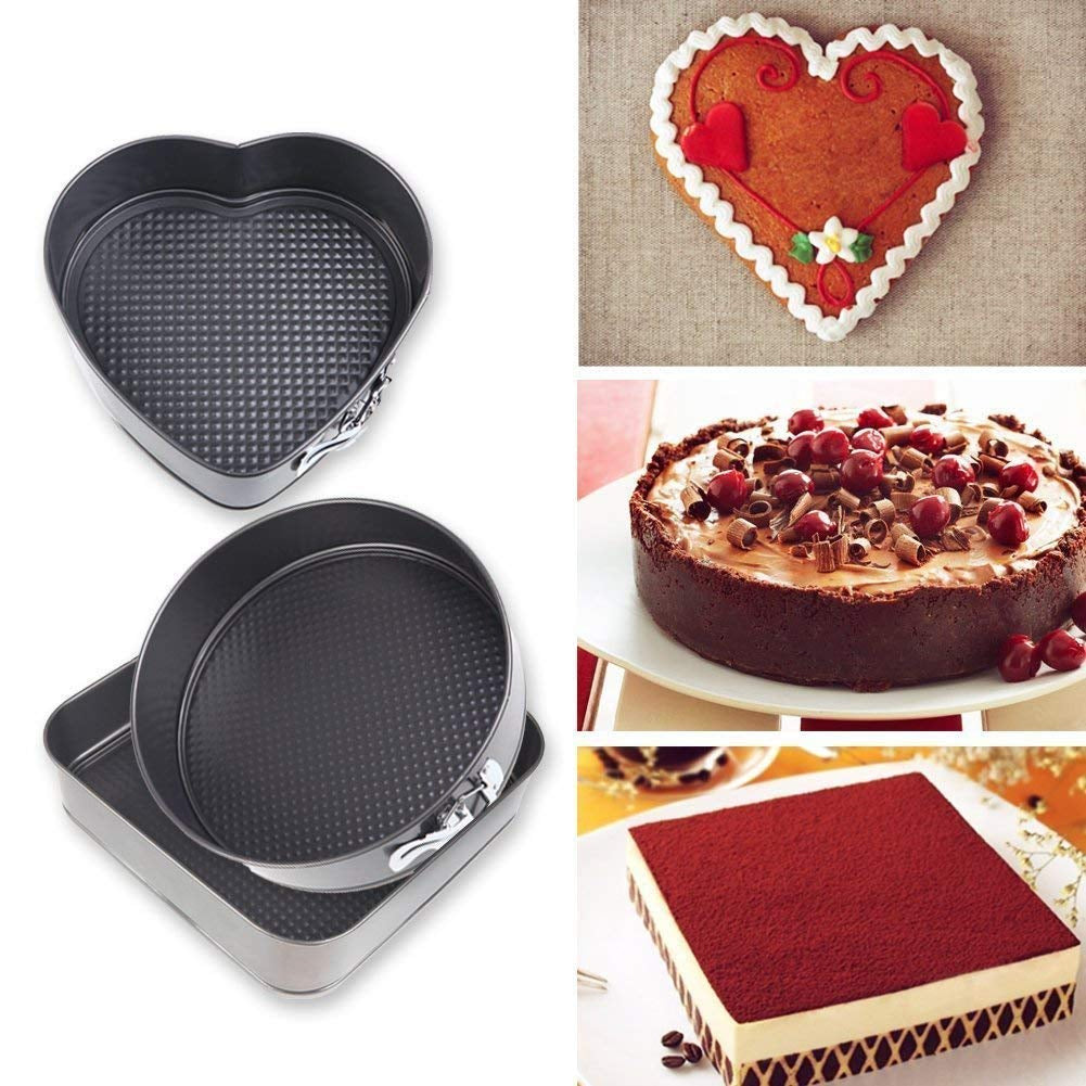 3-Piece Non-Stick Springform Cake Baking Pan Set Round, Heart & Square Shapes with Quick-Release Latch, Carbon Steel Bakeware Mould Set