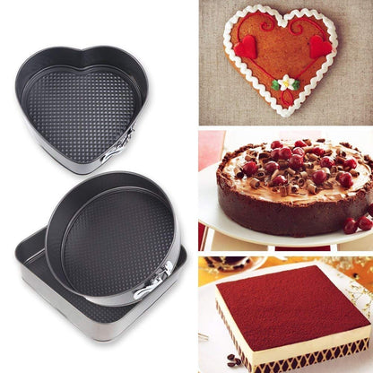 3-Piece Non-Stick Springform Cake Baking Pan Set Round, Heart & Square Shapes with Quick-Release Latch, Carbon Steel Bakeware Mould Set