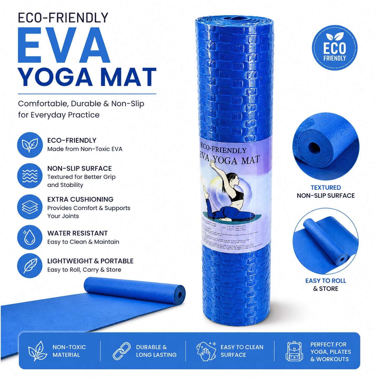 Eco-Friendly EVA Yoga Mat Non-Slip Exercise Mat with Textured Surface, Extra Cushioning, Water-Resistant, Lightweight Fitness Mat for Yoga, Pilates & Home Workouts
