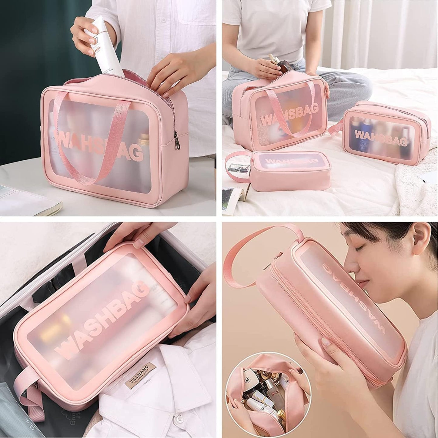 Set of 3 Waterproof Travel Wash Bags with Transparent Window Zipper Closure & Carry Handle – Portable Cosmetic, Toiletry & Makeup Organizer Set for Travel, Bathroom & Daily Use