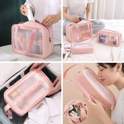Set of 3 Waterproof Travel Wash Bags with Transparent Window Zipper Closure & Carry Handle – Portable Cosmetic, Toiletry & Makeup Organizer Set for Travel, Bathroom & Daily Use