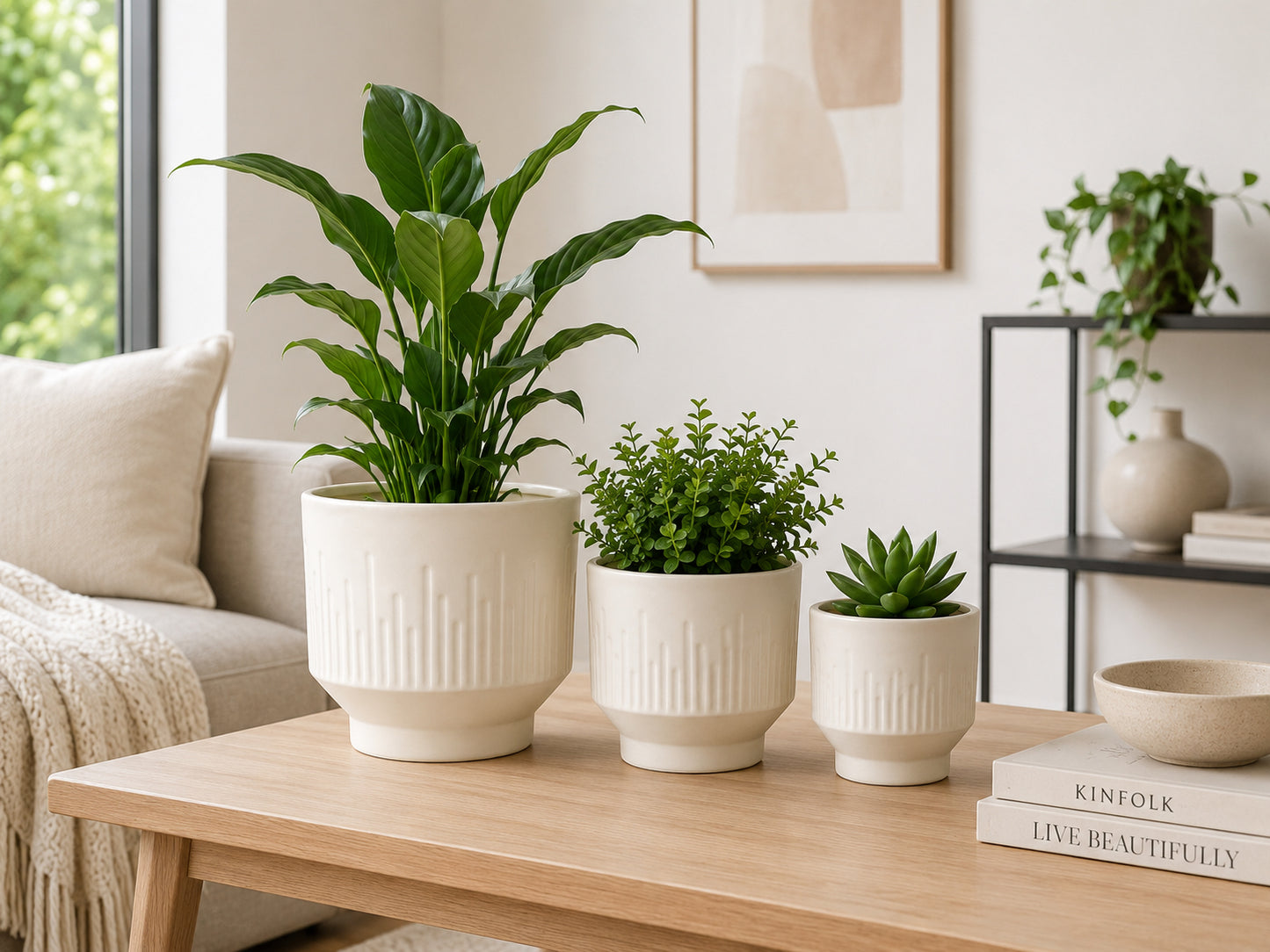 3-Piece Ceramic Flower Pot Set with Textured Design Decorative Indoor & Outdoor Planters for Succulents, Cactus, Herbs & Small Plants White