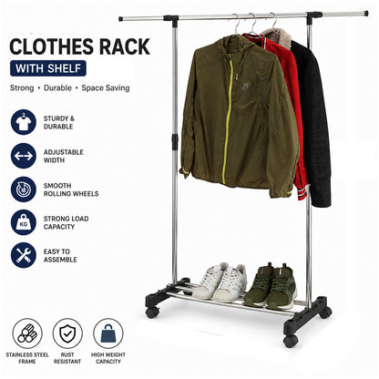 Adjustable Rolling Clothes Rack with Wheels, Heavy Duty Garment Rack, Portable Metal Clothing Hanging Stand, Extendable Coat Rack for Bedroom, Laundry Room, Retail Store & Home Organization