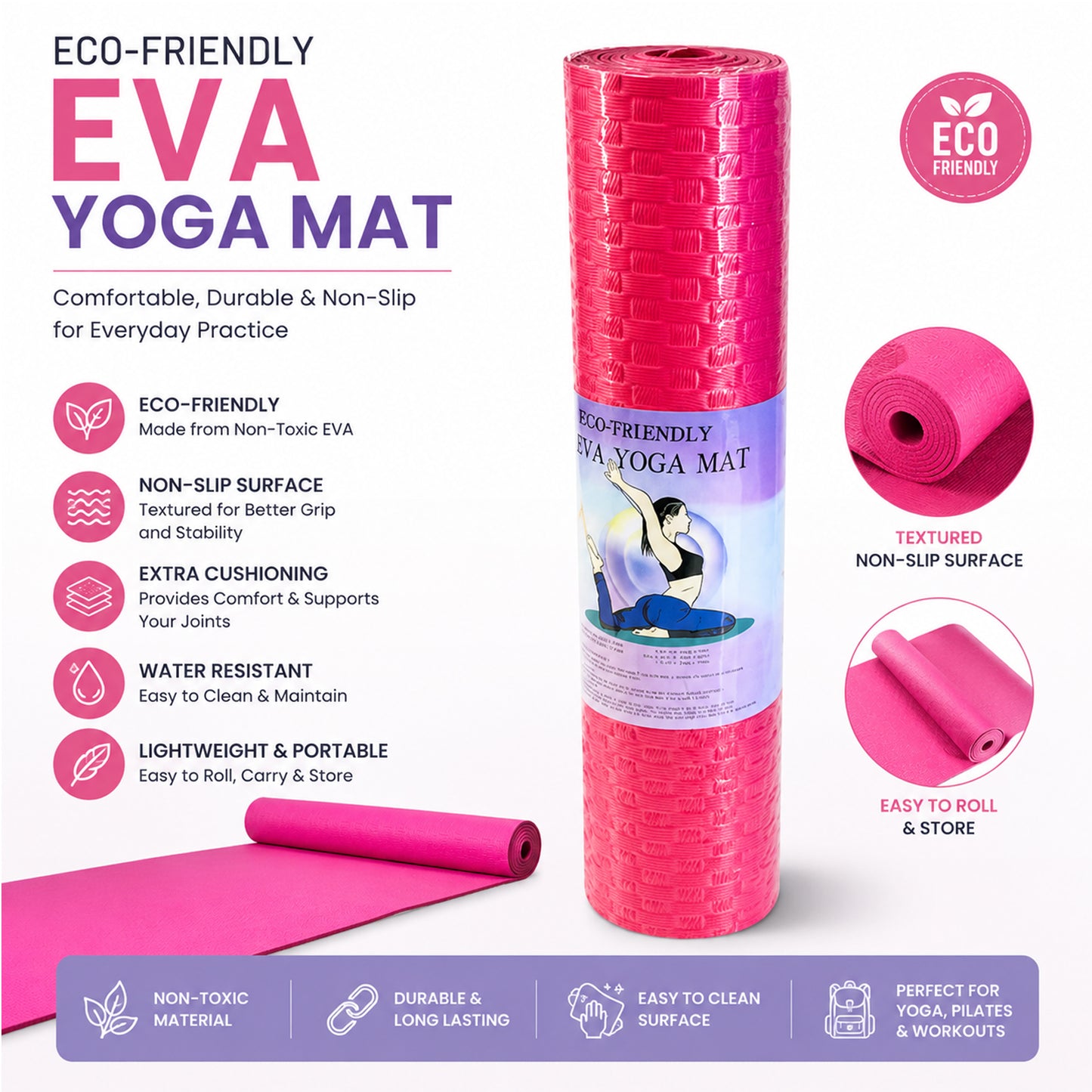 Eco-Friendly EVA Yoga Mat Non-Slip Exercise Mat with Textured Surface, Extra Cushioning, Water-Resistant, Lightweight Fitness Mat for Yoga, Pilates & Home Workouts