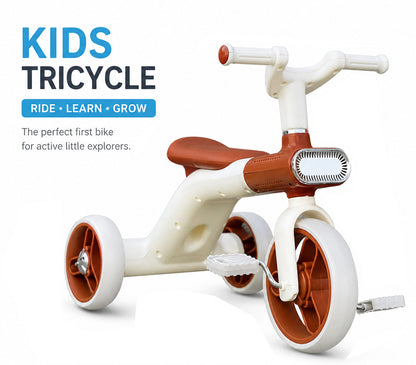 Kids Tricycle Pedal-Powered Ride-On Trike with Built-in Light & Music Headlight EVA Silent Wheels, Anti-Slip Pedals, Comfortable Seat, Durable Frame Indoor & Outdoor First Bicycle for Boys and Girls