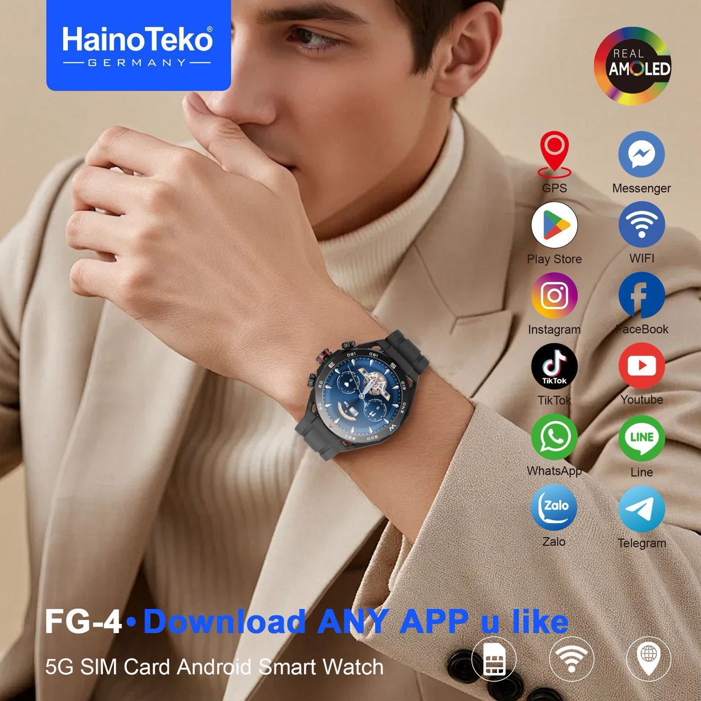 HainoTeko FG-4 Smart Watch with AMOLED Display Smart Notifications Social Media & Fitness Tracking and Multi-Sport Modes Designed for Gents Black