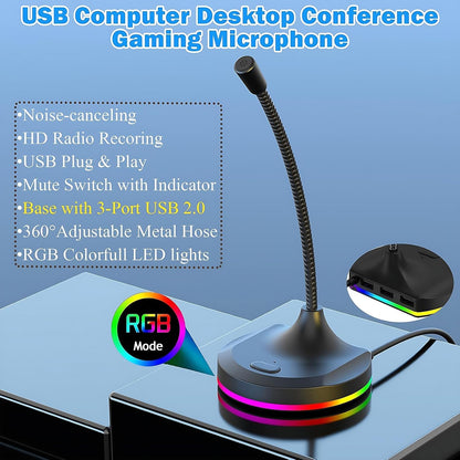 2-in-1 USB Desktop Microphone with 3-Port USB 2.0 Hub Low Noise Omnidirectional Mic with RGB Lighting Mute Button, Flexible Gooseneck for Meetings, Gaming & Online Classes
