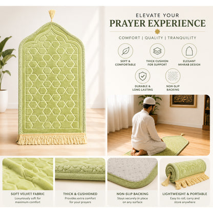 Luxury Velvet Islamic Prayer Mat with Mihrab Design & Decorative Fringe Soft Plush Muslim Salah Prayer Rug, 60 x 35 cm