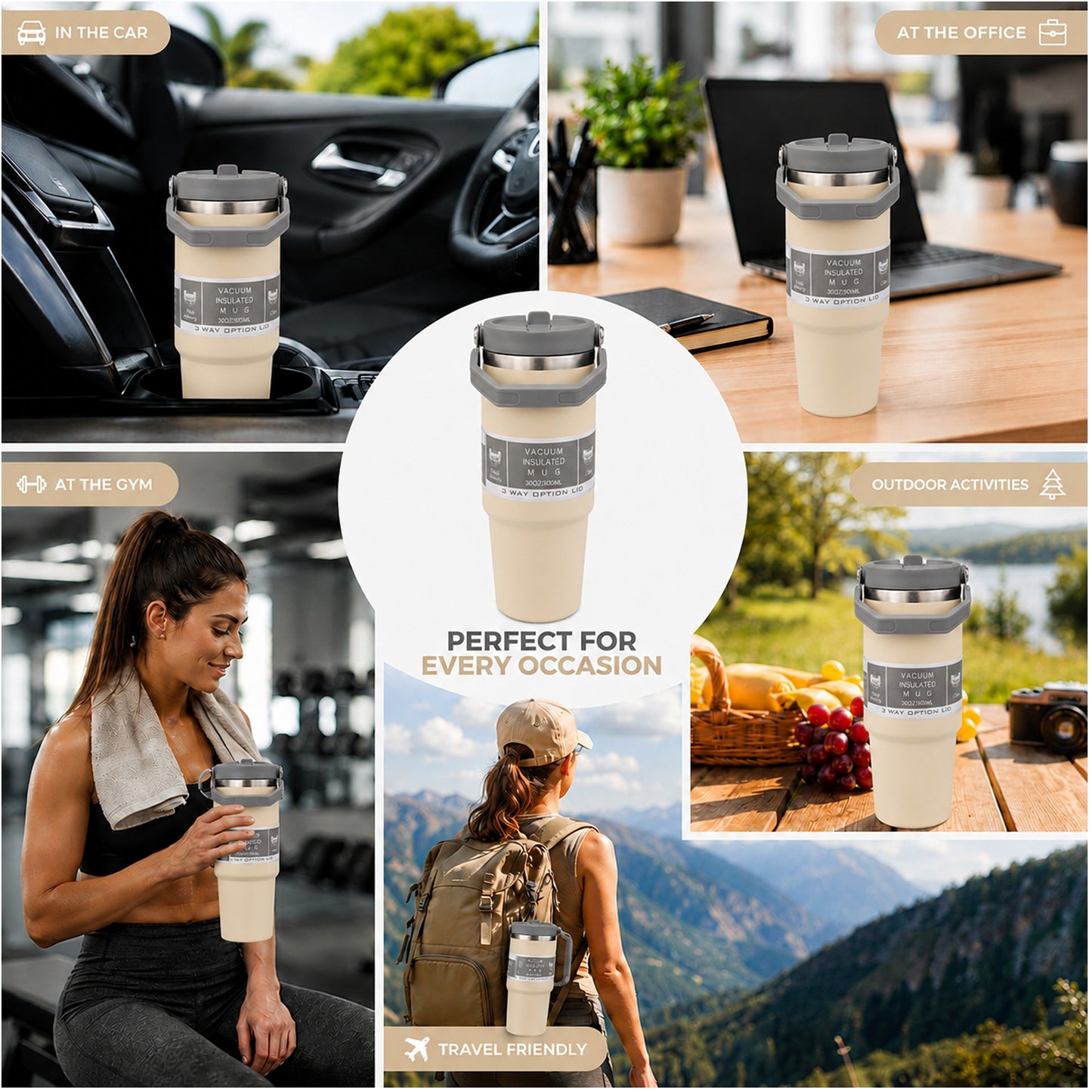 900ML Vacuum Insulated Stainless Steel Travel Mug with Handle & Reusable Straw, Double Wall Thermal Tumbler with 3-Way Leak-Resistant Lid, BPA-Free Cup Holder Friendly for Hot & Cold Drinks