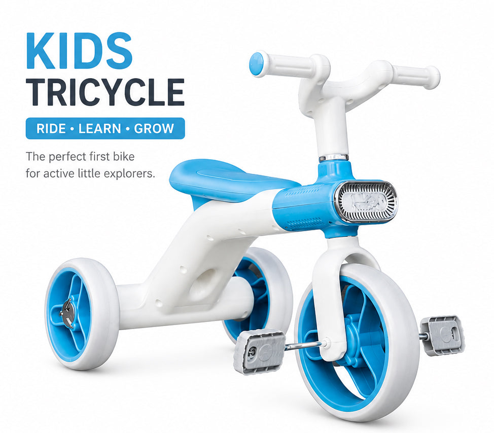 Kids Tricycle Pedal-Powered Ride-On Trike with Built-in Light & Music Headlight EVA Silent Wheels, Anti-Slip Pedals, Comfortable Seat, Durable Frame Indoor & Outdoor First Bicycle for Boys and Girls