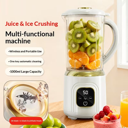 Portable Rechargeable Double-Knife Blender Juicer with Stainless Steel Blades, 1000ml Large Capacity Smoothie Maker, USB Charging Multipurpose Fruit and Ice Crusher White