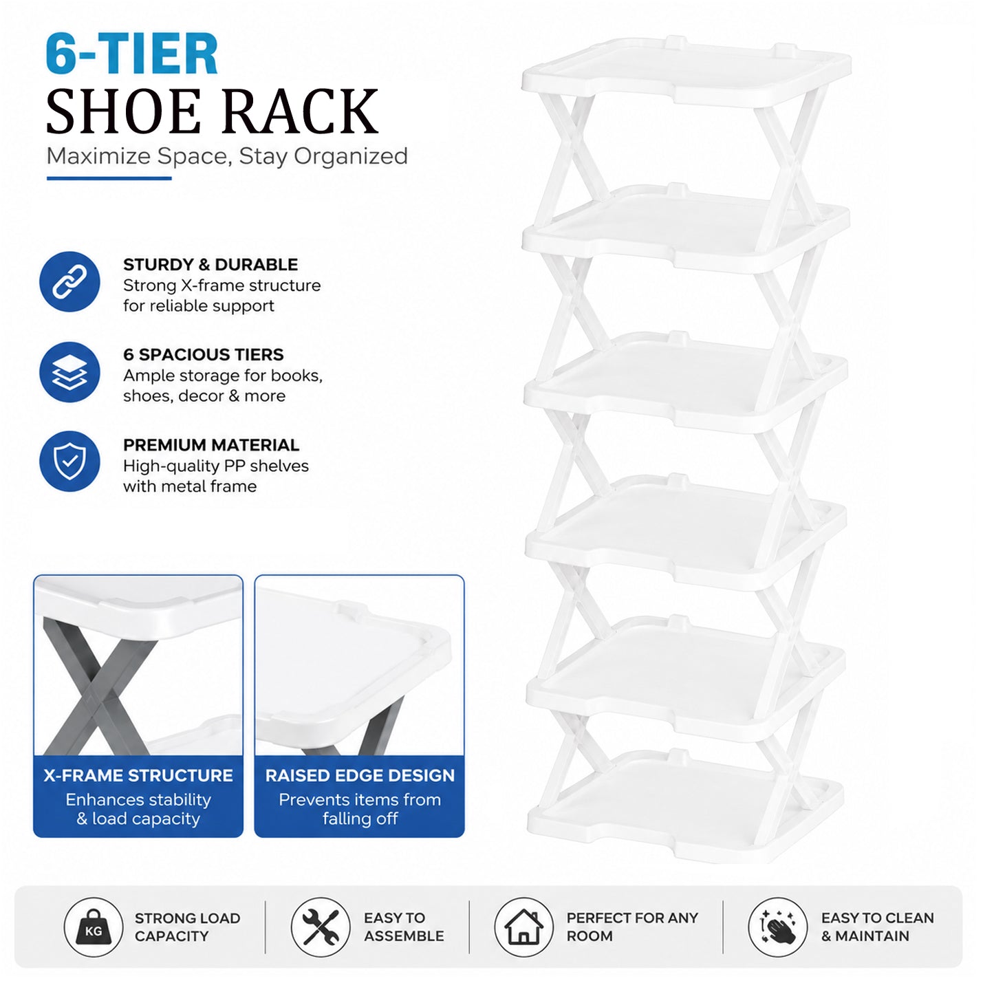 6-Tier Shoe Rack Storage Organizer with Sturdy X-Frame Support Premium PP Shelves, Space-Saving Multi-Layer Shoe Stand for Entryway, Bedroom, Closet & Living Room