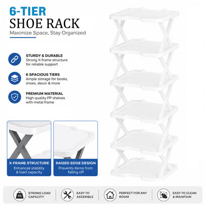 6-Tier Shoe Rack Storage Organizer with Sturdy X-Frame Support Premium PP Shelves, Space-Saving Multi-Layer Shoe Stand for Entryway, Bedroom, Closet & Living Room