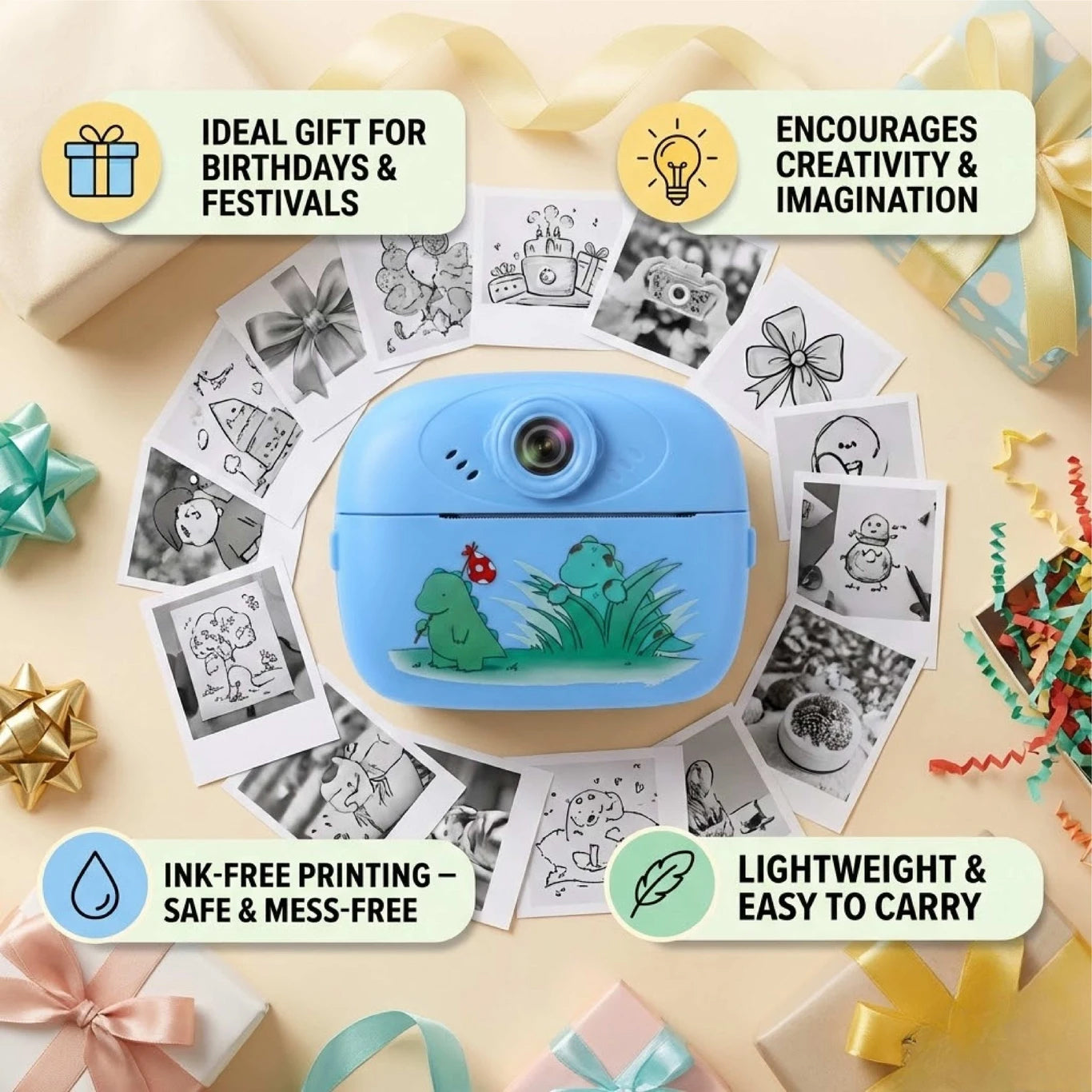 KC02 Kids Instant Print Camera Thermal Printing Camera for Children with 2.4” LCD Screen | Video Recording | MP3 Player | Rechargeable Battery | Includes Print Paper Blue