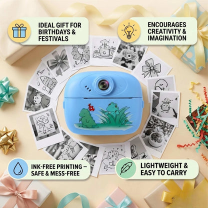 KC02 Kids Instant Print Camera Thermal Printing Camera for Children with 2.4” LCD Screen | Video Recording | MP3 Player | Rechargeable Battery | Includes Print Paper Blue