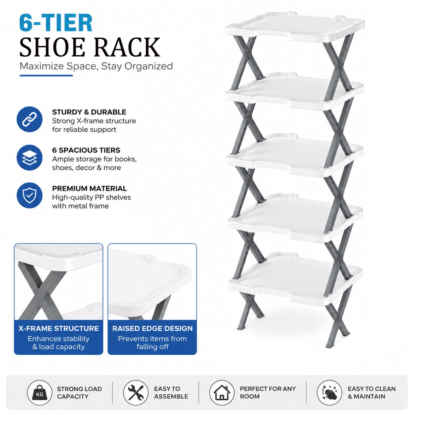 6-Tier Shoe Rack Storage Organizer with Sturdy X-Frame Support Premium PP Shelves, Space-Saving Multi-Layer Shoe Stand for Entryway, Bedroom, Closet & Living Room