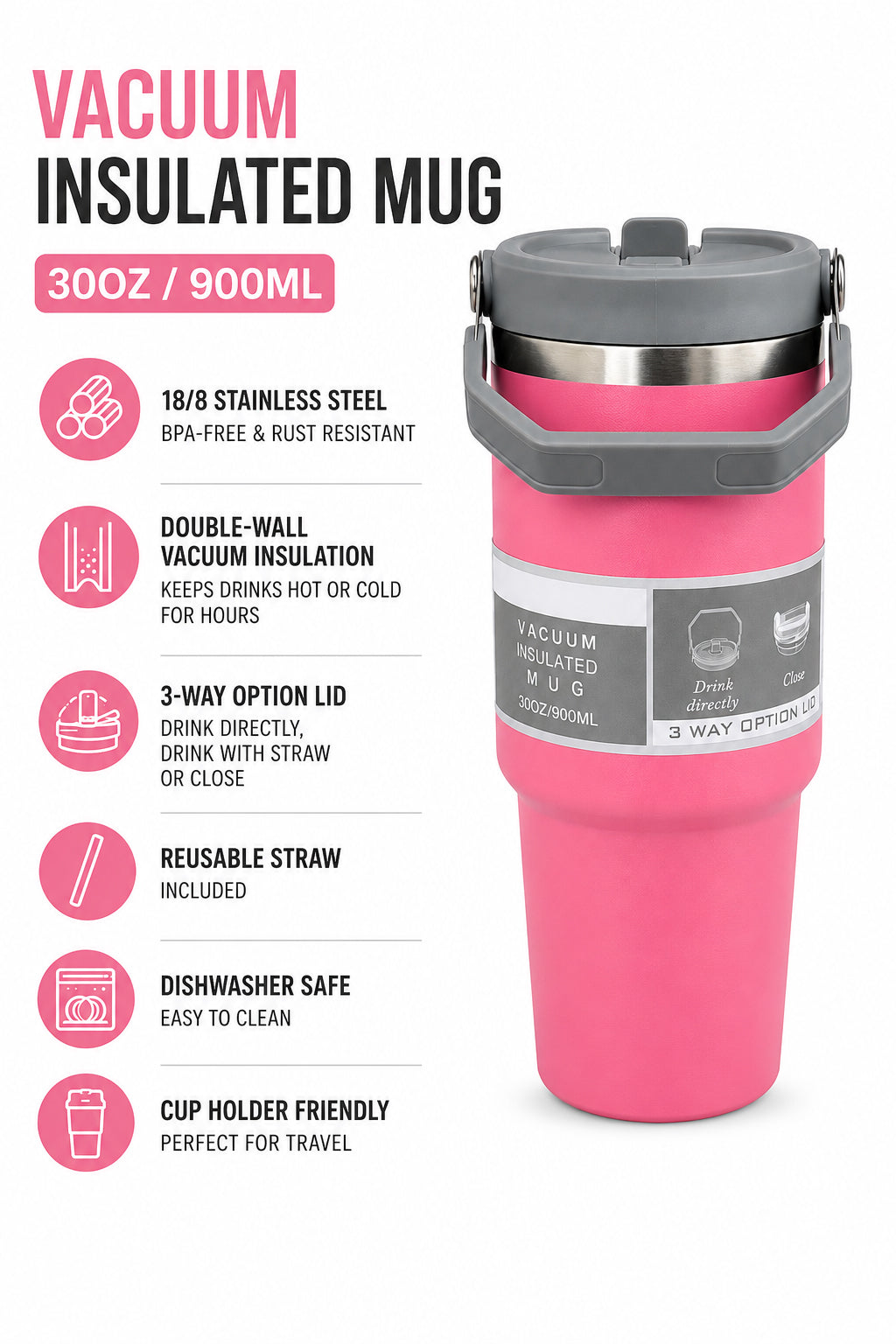900ML Vacuum Insulated Stainless Steel Travel Mug with Handle & Reusable Straw, Double Wall Thermal Tumbler with 3-Way Leak-Resistant Lid, BPA-Free Cup Holder Friendly for Hot & Cold Drinks