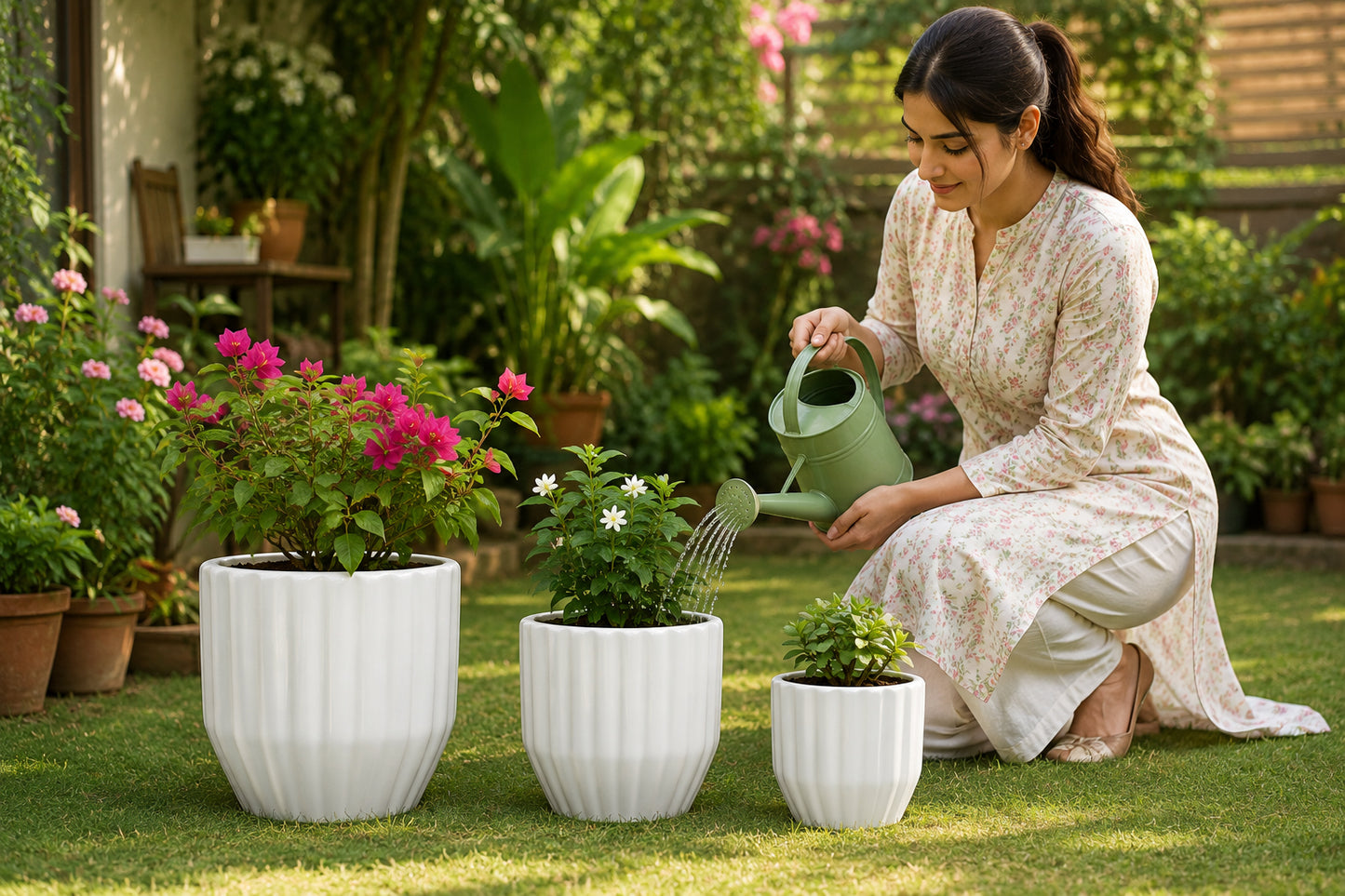 Decorative Ceramic Plant Pots Set of 3 for Indoor & Outdoor Plants – Modern Ribbed Flower Planters, White Ceramic Pots for Home, Office, Balcony, Garden & Living Room Décor