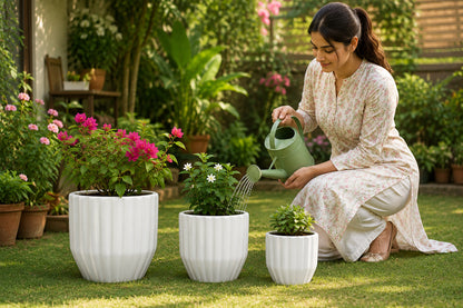 Decorative Ceramic Plant Pots Set of 3 for Indoor & Outdoor Plants – Modern Ribbed Flower Planters, White Ceramic Pots for Home, Office, Balcony, Garden & Living Room Décor