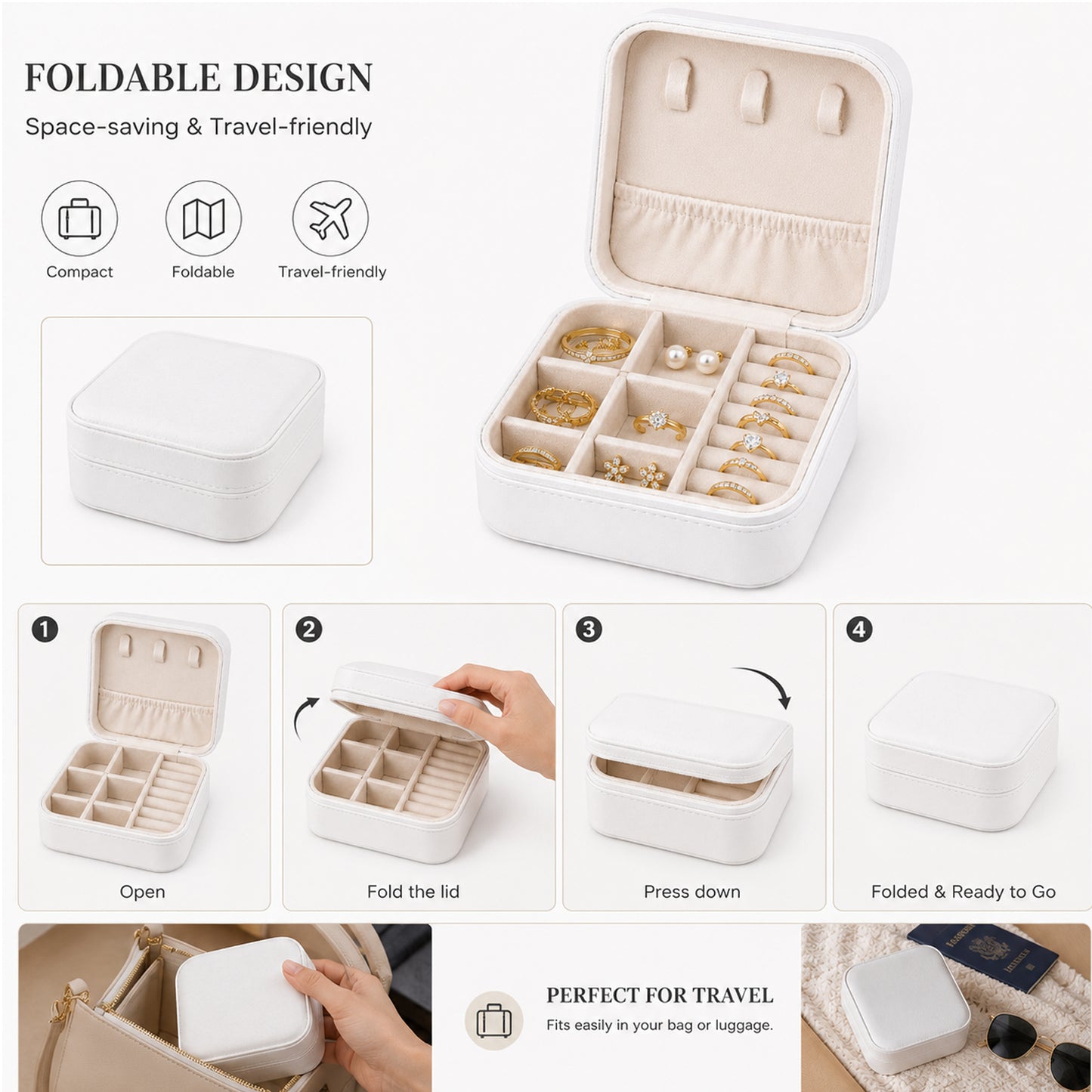 Portable Travel Jewelry Organizer Box with Zipper Compact Jewelry Storage Case for Rings, Earrings, Necklaces, Bracelets, Watches & Small Accessories