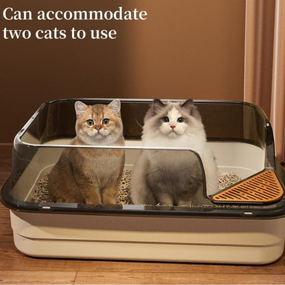 Semi-Enclosed Large Cat Litter Box with High Walls & Anti-Tracking Pedal Spacious Open Top Kitty Toilet Tray with Scoop for Multi-Cat Homes