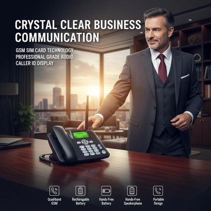Dual SIM GSM Fixed Wireless Desktop Phone with LCD Display, External Antenna, FM Radio, SMS Support, Hands-Free Calling, Rechargeable Battery for Home & Office