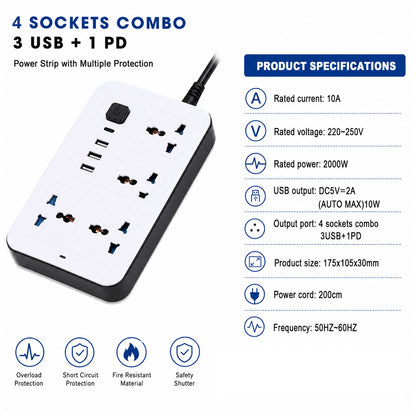 GKK GUOKANG A37 Power Extension Board with 4 Universal Sockets, 3 USB Ports & 1 PD Fast Charging Port, 2000W, 2m Power Cord, 10A Multi Plug Extension Socket – White