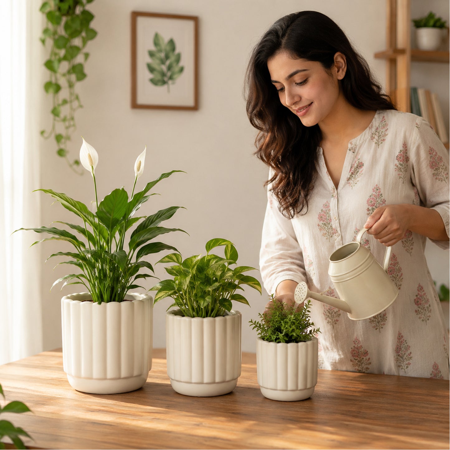 Set of 3 Decorative Fluted Plant Pots with Drainage Tray Modern Round Flower Pots for Indoor & Outdoor Plants,Home, Balcony, Patio & Office Decor White