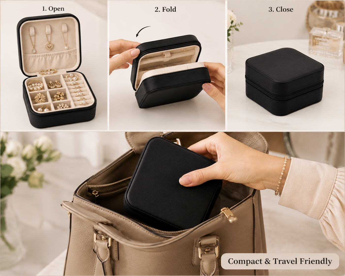 Portable Travel Jewelry Organizer Box with Zipper Compact Jewelry Storage Case for Rings, Earrings, Necklaces, Bracelets, Watches & Small Accessories