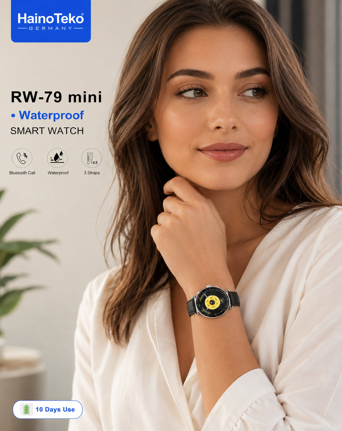HainoTeko RW-79 Mini Waterproof Smart Watch with AMOLED Display Bluetooth Call 3 Interchangeable Straps and Charging Cable Designed for Ladies