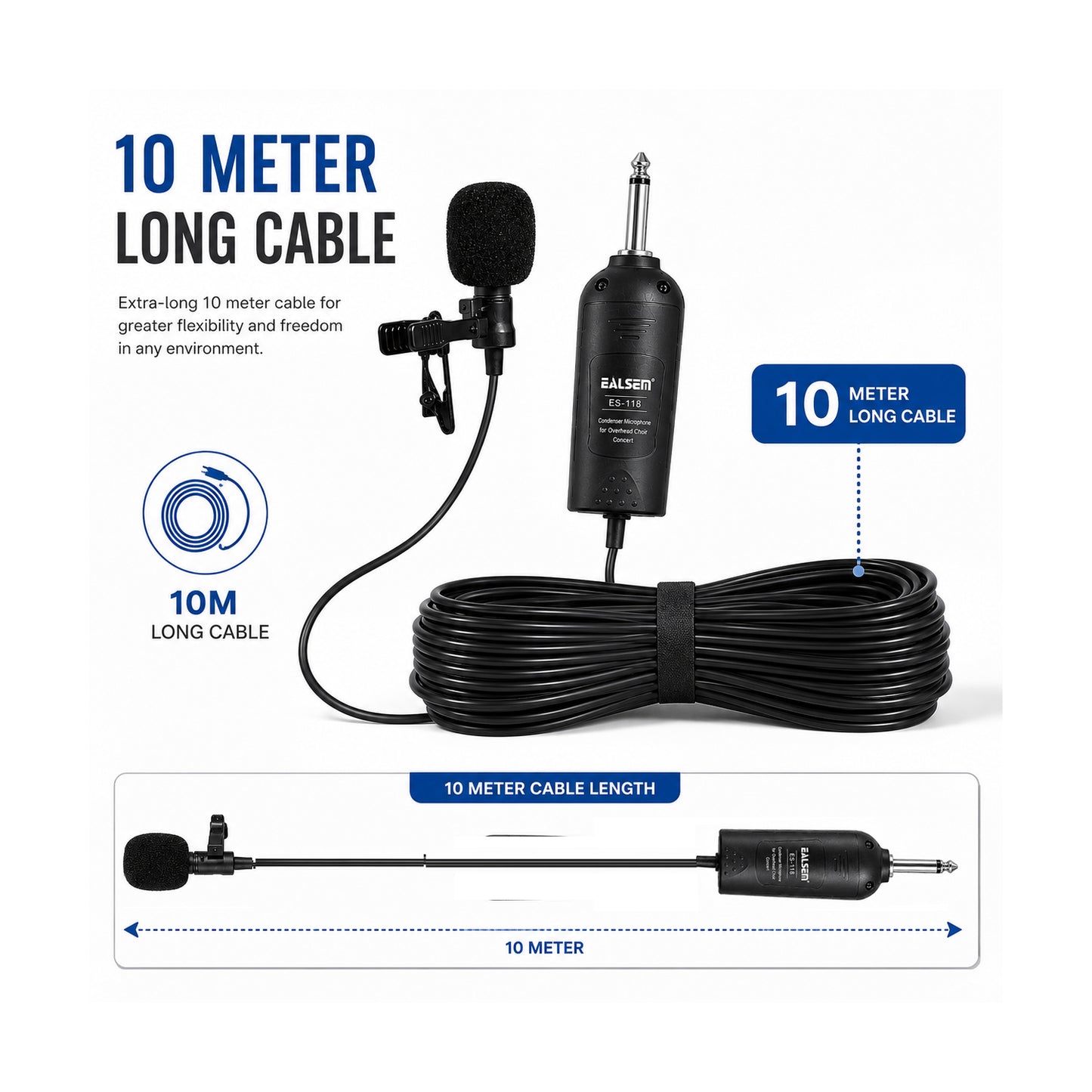 EALSEM ES-118 Wired Tie Clip Condenser Microphone with 10M Cable, 6.35mm Jack, Plug & Play Lapel Mic for Amplifiers, PA Systems, Presentations, Teaching, Conferences & Live Performances Black
