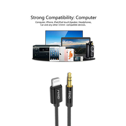 Fend Lightning to 3.5mm Aux Audio Cable Aux Cord for iPhone iPad to Car Home Stereo Speaker with 3.5mm Headphone Jack Adapter Support fabric Strong cable Black