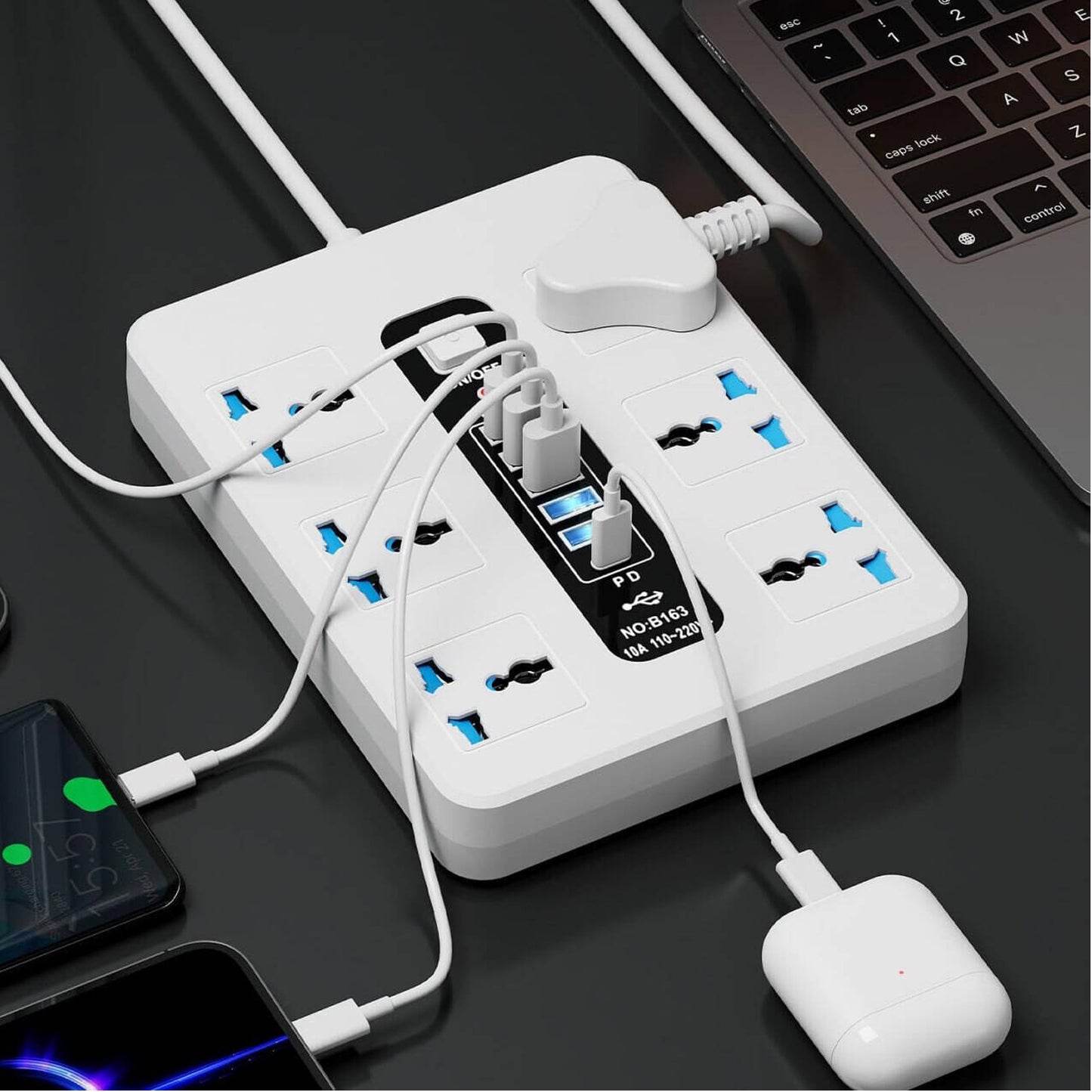 GKK GUOKANG A39 Universal Extension Power Strip with 6 Universal AC Sockets, 5 USB Charging Ports & 1 PD Fast Charging Port, Smart Auto Identification, Multi-Plug Power Extension Board White