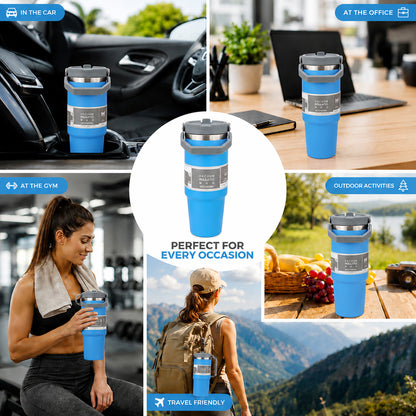 900ML Vacuum Insulated Stainless Steel Travel Mug with Handle & Reusable Straw, Double Wall Thermal Tumbler with 3-Way Leak-Resistant Lid, BPA-Free Cup Holder Friendly for Hot & Cold Drinks