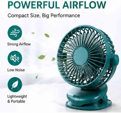 Portable Clip Fan Rechargeable USB Handheld Desk Fan with 3 Speed Modes Adjustable Head, Strong Grip Base, Mini Personal Cooling Fan for Home Office Travel
