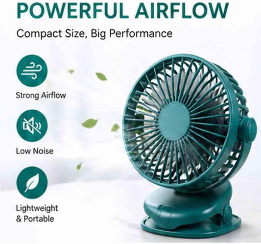 Portable Clip Fan Rechargeable USB Handheld Desk Fan with 3 Speed Modes Adjustable Head, Strong Grip Base, Mini Personal Cooling Fan for Home Office Travel