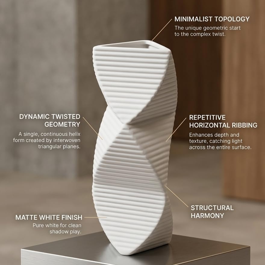 Modern Twisted Triangular Ceramic Vase, Matte White Minimalist Decorative Flower Vase for Home, Office, Living Room & Table Decor White