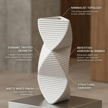 Modern Twisted Triangular Ceramic Vase, Matte White Minimalist Decorative Flower Vase for Home, Office, Living Room & Table Decor White