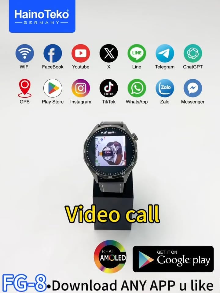 HainoTeko FG-8 5G Android Smart Watch with SIM Card Support, AMOLED Display, Download Any App, GPS, WiFi, Bluetooth Calling & Social Media Access