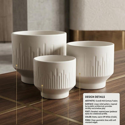 Premium Artisan Ceramic Planter Pots Set of 3 Matte White Stoneware Indoor Flower Pots with Drainage Hole Decorative Plant Pot Combo for Home & Office Décor