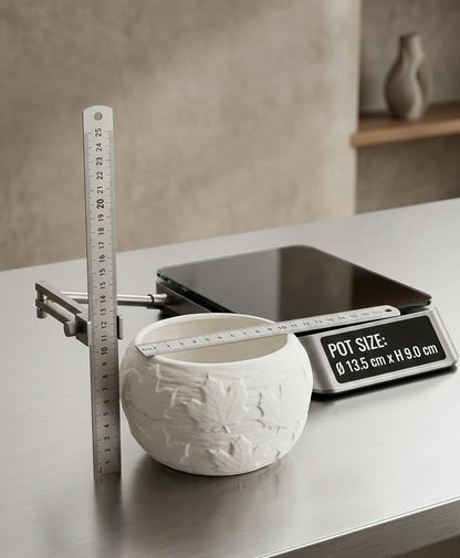 Multipurpose White Ceramic Pot with Leaf Pattern, Scandi Style, Indoor or Outdoor Planter, Desktop Storage, 13.5x9cm