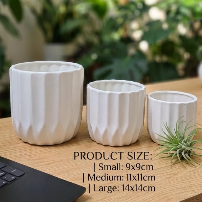 Modern Ceramic Flower Pot Set of 3 Matte White Geometric Planter Pots with Drainage Holes for Indoor Plants, Succulents & Home Decor